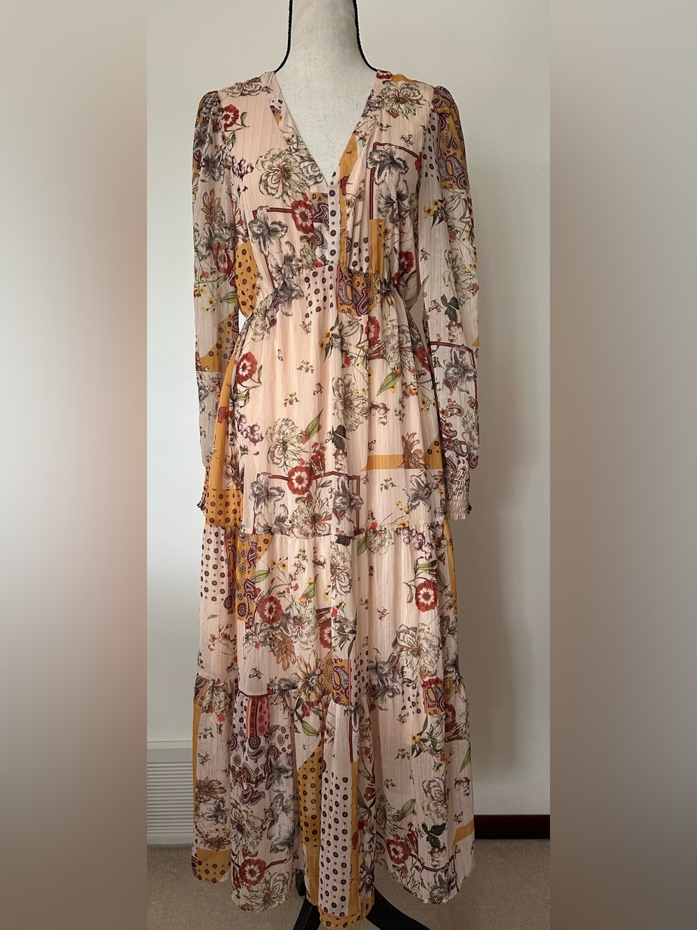 Cottagecore Floral Boho Midi Maxi Dress Small Long Sleeve Tiered Lined Artsy - Picture 2 of 15